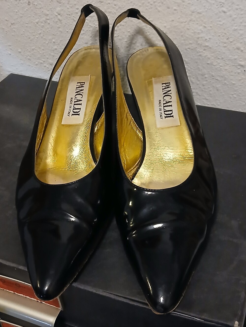 Pancaldi Made in Italy Black Patent Leather Slingback Heels Size 10B